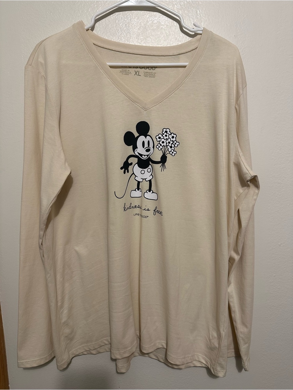 Life is Good Mickey Mouse "Kindness is Free" V-Neck Long Sleeve Tee XL